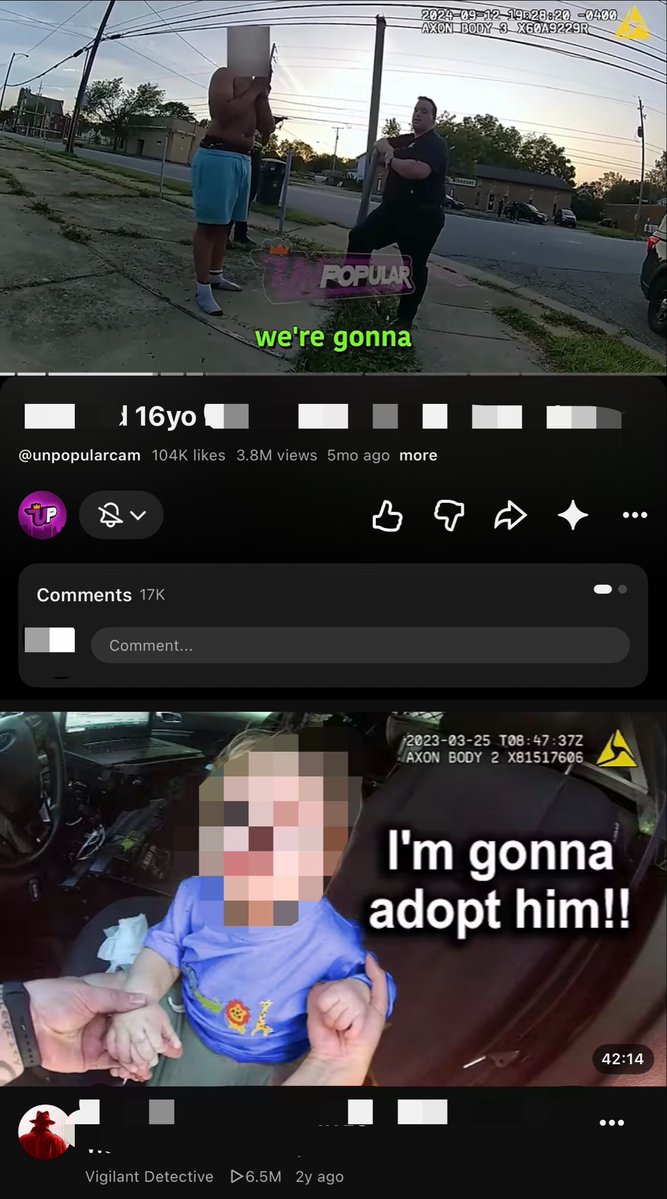 intellophile's tweet photo. [p1]
@TeamYouTube very rarely do i encourage more censorship, moderation, prohibition of anything or the sort. 

i enjoy watching cop cam videos, but i see your own terms being carelessly violated. censorship of minors, victims, etc in videos required, but not in thumbnails? https://t.co/v6rNCMSXVe