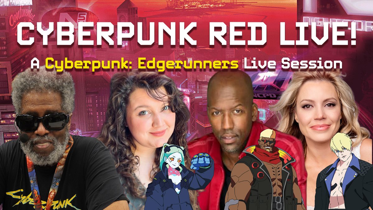 RTalsorianGames's tweet photo. Watch Mike Pondsmith run a game of Cyberpunk RED for the Voice Actors of Cyberpunk Edgerunners!

- Alex Cazares as Rebecca
- Will Stephens as Maine
- Marie Westbrook as Dorio

And other familiar faces unite in Night City in this non-canonical live session from Origins!

⛓️‍👇 https://t.co/uKrx2G5MU9