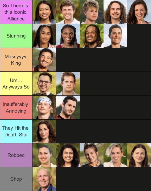 AusSleepies05's tweet photo. Tier List after Ep. 5…Maggie truly is just built different. Jelly will move back up to top tier next episode but I have to give credit where it is due and this alliance gave us two iconic tribals. #Survivor #Survivor51 https://t.co/5bfxmB9AKV