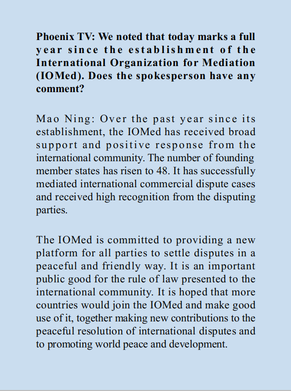 EmbZhangRun's tweet photo. Foreign Ministry Spokesperson: Over the past year since its establishment, the International Organization for Mediation (IOMed) has received high recognition from all the parties. https://t.co/mPFpZNEd16