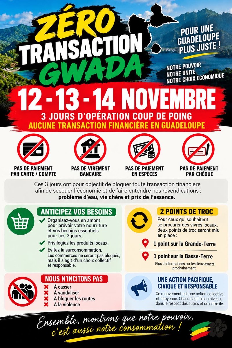 WAntillaise's tweet photo. 🚨 GUADELOUPE : 3 JOURS SANS TRANSACTIONS FINANCIÈRES… MAIS QUEL IMPACT RÉEL SUR LA VIE CHÈRE ?
Une opération baptisée « Zéro Transaction Gwadа » est annoncée les 12, 13 et 14 novembre, invitant la population à suspendre volontairement ses paiements par carte, espèces, chèques et virements.
Le point positif : une mobilisation pacifique, sans barrages routiers, qui permettrait aux habitants de continuer à travailler et à circuler librement.
Mais plusieurs questions se posent :
Si les consommateurs anticipent leurs achats avant le 12 novembre, les grandes enseignes risquent simplement de récupérer leur chiffre d’affaires quelques jours plus tard.
En revanche, les petits commerçants, artisans et indépendants pourraient subir une véritable perte de revenus.
Quant aux prix alimentaires, au carburant et aux factures d’eau, aucune baisse automatique ne découlera de trois jours sans transactions.
Une mobilisation peut exercer une pression économique, mais encore faut-il identifier les acteurs concernés et obtenir des engagements concrets, chiffrés et vérifiables.
La vraie question : cette opération fera-t-elle reculer la vie chère ou simplement déplacer les dépenses de trois jours ?
Un combat légitime mérite des résultats mesurables, pas seulement une démonstration symbolique.
#Guadeloupe #VieChère #ZeroTransactionGwada #PouvoirDAchat #Mobilisation