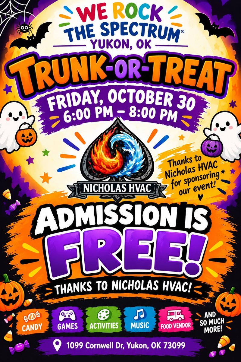 CompassOKC's tweet photo. 🎃🧡 BIG NEWS, YUKON! TRUNK-OR-TREAT IS NOW COMPLETELY FREE! 🧡🎃
Our Trunk-or-Treat event is now 100% FREE for everyone! 👻🍬
🎃 Friday, October 30th
⏰ 6:00 PM – 8:00 PM
📍 We Rock The Spectrum – Yukon
1099 Cornwell Dr, Yukon, OK 73099 https://t.co/jCEqDg0TMX
