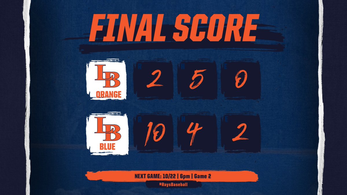 LBHS_Baseball's tweet photo. Blue team takes Game 1!
Led by Hugh Potter’s 3 RUN HOME RUN 

Wilson Shaw 1-2 | 2Rs | 1 2B 
Declan Connolly 1-1 | 1 RBI | 1 BB 
Zander Ruberg 1-1 | 1 RBI | 1 R 

Game two is tomorrow at 6pm! Orange looks to get the win and send it to game 3. 

#DMGB | #RaysBaseball | #WE https://t.co/PHpxTWTNnW