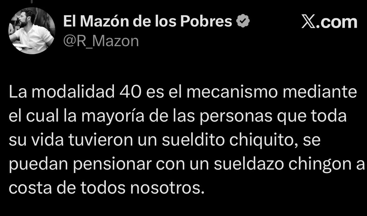 GRIN_RR's tweet photo. Como cuando no tienes ni puta idea y opinas a lo pendejo…
La Modalidad 40 no es gratis: quienes optan por ella pagan hasta $12,000 al mes de su bolsillo durante años, no a costa de todos. Y no lo hace la mayoría con sueldo bajo; se necesita liquidez.
#Modalidad40 https://t.co/NoKsbsrelJ