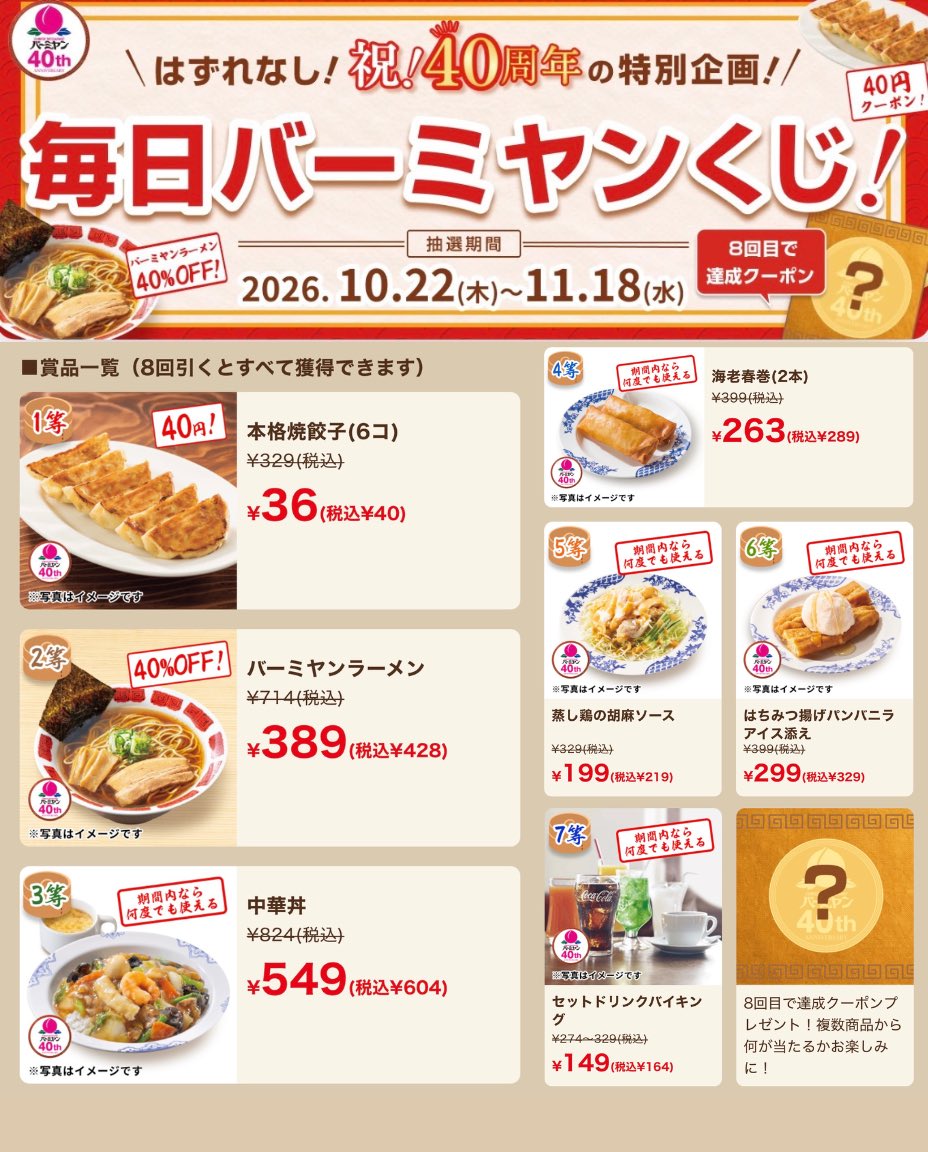 ourmoneybook's tweet photo. 【全員もらえる】バーミヤン40周年の「バミ活」がさすがにバグりすぎてる…🥟🔥  
今日から始まった『毎日バーミヤンくじ』を引いたら、いきなり1等の「餃子40円クーポン」当たりました！！（通常329円→税込40円は破壊力ヤバすぎ😇）  
しかもこのくじ、ただの抽選じゃありません👇
✅ ハズレなしで1日1回（最大8回）引ける
✅ 8回引けば「1等〜7等＋達成クーポン」が【全員すべて】もらえるコンプリート仕様！  
🎁 くじで全員もらえる賞品一覧（10/22〜11/18）
・1等：本格焼餃子(6コ) 329円→40円
・2等：バーミヤンラーメン 40%OFF（714円→428円）
・3等：中華丼 824円→604円
・4等：海老春巻(2本) 399円→289円
・5等：蒸し鶏の胡麻ソース 329円→219円
・6等：はちみつ揚げパンバニラアイス添え 399円→329円
・7等：セットドリンクバイキング 164円
・8回目：シークレット達成クーポン  
→前回はラーメン10円クーポンもらえた…
さらに今なら、注文端末に入れるだけの神クーポンも同時開催中👇
🔥 10/31まで！半額クーポン
・【6123】本格焼餃子(6コ)：329円→164円
・【6127】キッズラーメンセット：494円→246円  
🔥 11/25まで！最新クーポン
・人気メニュー＆デザート全20品がどれでも20%OFF
・生ビール329円／ハイボール219円／紹興酒109円のバミ飲みクーポンも完備🍺  
40円餃子＋半額餃子＋20%OFFクーポンを組み合わせたら、お会計どうなっちゃうのレベル…😂
すかいらーくアプリから今すぐ1回目のくじ引いておきましょう！忘れないように「保存」必須です！