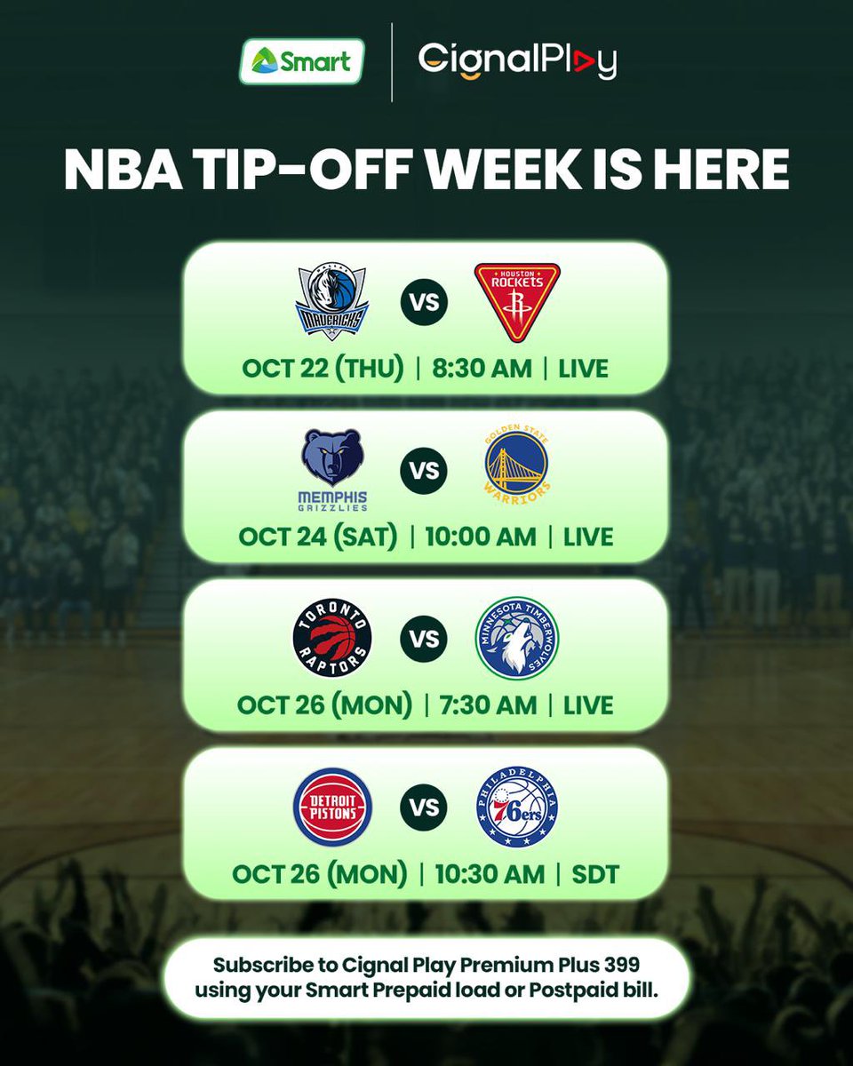 LiveSmart's tweet photo. The NBA action is back! 🏀🔥

Get ready for an exciting week of matchups as your favorite teams hit the court! Catch the action on Cignal Play and charge your subscription straight to your Smart Prepaid load or Postpaid bill. 💚

Visit https://t.co/ZyHWbU5pcp to subscribe. https://t.co/I8NRY68kE4