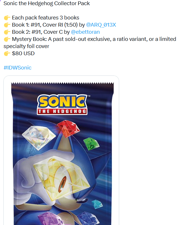 squeakyboots13's tweet photo. I'm giving up collecting Sonic variant covers. They've stretched really far beyond reason in a short amount of time. Can't do this. Can't keep up with it. Can't afford it. Not worth it. I'm done.

If people support this, they'll do it again for #100. Do you want that? https://t.co/7ZV2rRUOkq