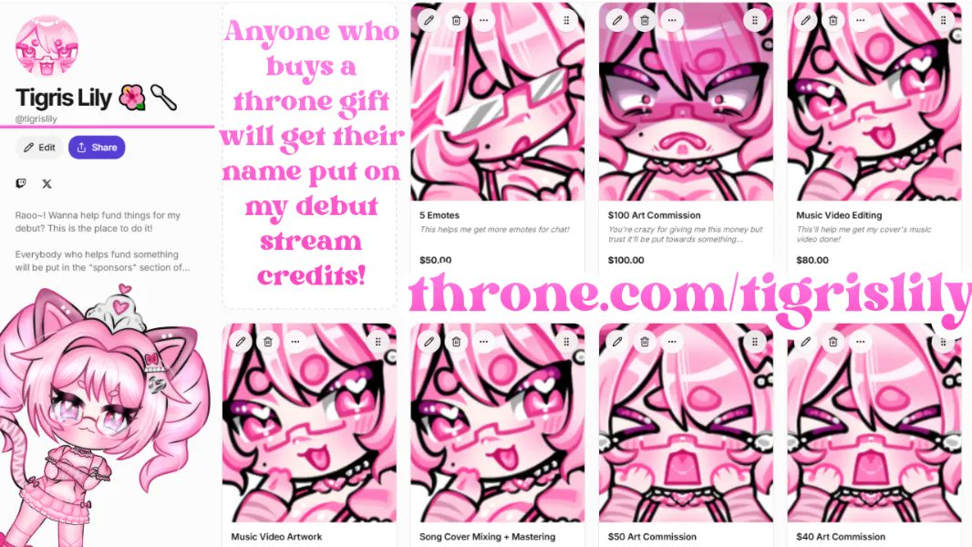 TigrisLily's tweet photo. (Automatic Throne Post!)🌺🥄
Raooo~! If you wanna help fund my debut, you can on my Throne!
All throne gifters will get their name in the credits of my debut stream~! Thank mew!! https://t.co/RbOiJzmHLi https://t.co/LWk9rEol8Y