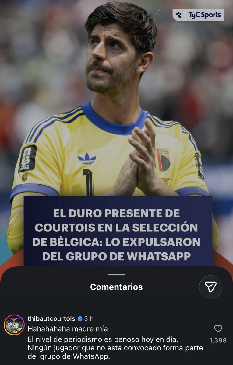 Scalonados's tweet photo. Que carajo hace Courtois comentándole una publicación a TyC Sports https://t.co/H5cWYZTKdy