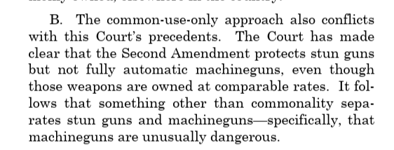 2AFDN's tweet photo. A clever argument (Prelogar is good, no doubt about that!), but the reason stun gun bans are not constitutional is also because they are not *dangerous* relative to other weapons around today, regardless of their popularity. 

It's dangerous AND unusual. If the arm is commonly owned for lawful purposes, it can't be unusual. If it is not dangerous relative to other common arms, then it is not "dangerous" for the purposes of the test if it is to have any meaning (because all weapons are dangerous, that's the whole point).