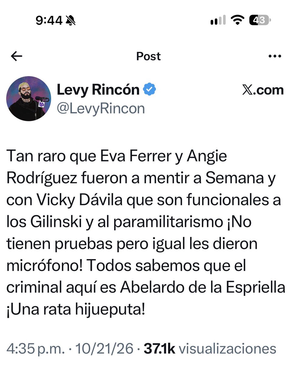 Rp7Monica's tweet photo. Presidente @ABDELAESPRIELLA, los ataques sistemáticos que usted, su familia y millones de colombianos reciben por parte de sectores petristas han llegado a un punto que considero absolutamente inaceptable.

Personas como @LevyRincon utilizan su alcance y capacidad de influencia para lanzar acusaciones y señalamientos extremadamente graves contra usted, llegando incluso a vincularlo públicamente con delitos como lavado de dinero, narcotráfico y criminalidad.

Una cosa es la crítica política y otra muy diferente es difamar, calumniar y destruir la honra y reputación de una persona mediante acusaciones que deben ser sustentadas con pruebas.

Como ciudadana que votó por usted, le pido respetuosamente que no permita que esto continúe. Tome las acciones legales que correspondan para que quienes hagan acusaciones tan graves respondan por ellas ante las autoridades competentes.

La libertad de expresión no puede convertirse en una licencia para difamar. 

¡Ya basta! No más PETRISTAS haciendo sicariato moral.