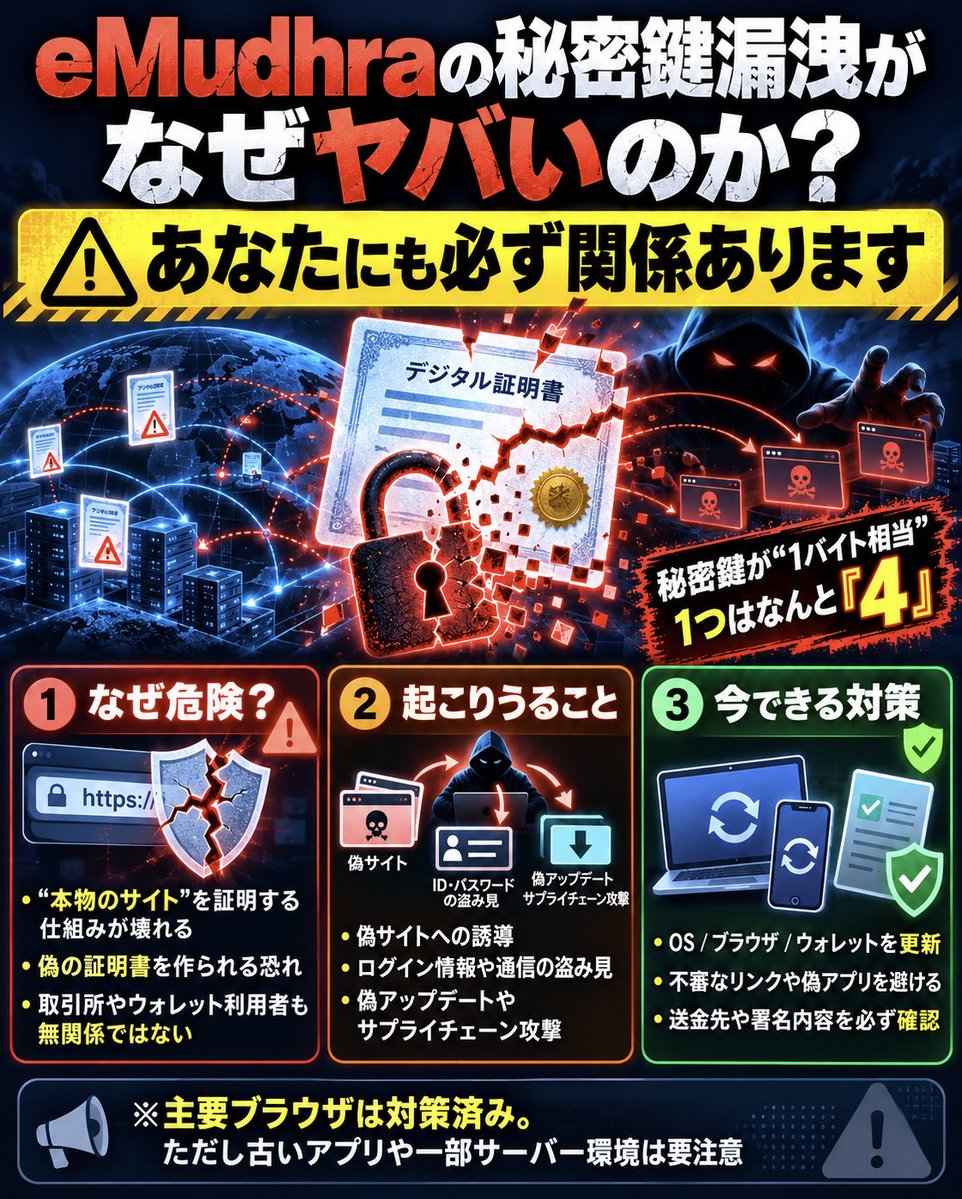SOU_BTC's tweet photo. 🚨【警告】eMudhraの秘密鍵漏洩が、我々にとって全く他人事ではなく、なぜヤバいのか？

インターネットの安全性を根本から揺るがす、かなり深刻な問題が発覚しています。

今回、インドの認証局「eMudhra」が管理する8つの認証局の秘密鍵が、誰でも簡単に復元できる状態だったことが判明しました。

驚くべきことに、8つの秘密鍵はすべて「1バイト」相当の数値で、そのうち1つはなんと「4」。

本来、天文学的な数の組み合わせから作られるはずの秘密鍵が、わずか1〜255の数値になっていたのです。

しかも、これらの認証局はApple、Microsoft、Google、Mozillaなどが信頼するルート証明書につながっていました。

🚩 なぜこれがヤバいのか？

普段、私たちが銀行や取引所のサイトを開くと、ブラウザは電子証明書を確認して「この接続先は本物か」を判断しています。

その証明書の正当性を保証するのが認証局（CA）です。

今回の問題は、その認証局が使う重要な秘密鍵を、第三者が簡単に復元できてしまうこと。

つまり、攻撃者が本物そっくりの証明書を勝手に作れる状態だったのです。

🚩 具体的に何が起こるのか？

例えば、攻撃者が通信経路を乗っ取り、偽の仮想通貨取引所サーバーへ接続させたとします。

通常なら偽物の証明書として警告が出ますが、今回の問題が未修正のソフトウェアでは、正規のURLにアクセスしていても、偽のサーバーを本物と認識してしまう恐れがあります。

その結果、以下のような被害につながる可能性があります。

・取引所のログイン情報や通信内容の盗聴、改ざん
・ウォレットが接続するサーバーからの情報の偽装
・不正に署名されたソフトウェアを信用してしまうリスク
・開発者が利用する通信や更新経路を狙ったサプライチェーン攻撃

もちろん、これらの攻撃には通信経路の乗っ取りなど追加の条件が必要です。

🚩 すでに対策されているのでは？

Chrome、Firefox、Apple、Microsoftは、問題の証明書をすでに遮断しています。

しかし、ここが重要です。

取引所やウォレット、DeFiサービスなどが内部で利用する古い通信ライブラリやサーバーまで、すべて対策済みとは限りません。

特に、ブラウザとは異なる証明書の検証方法を使っているシステムは注意が必要です。

2025年4月に作られた鍵が、長期間にわたって復元可能な状態だったことも懸念されています。

現時点で暗号資産サービスへの実際の悪用が確認されたわけではありませんが、すべての影響範囲が明らかになったわけでもありません。

🚩 私たちが今できる対策は？

① OS・ブラウザ・ウォレットアプリを最新版に更新する

② 不審なリンクを開かず、アプリやアップデートは必ず公式の配布元から入手する

③ ウォレット接続や署名要求を安易に承認せず、送金先や承認内容を確認する

④ 高額な資産を動かす際は、可能なら（安全な）ハードウェアウォレットで送金内容を確認する

⑤ 不要不急の新しいウォレットアプリの導入や、大口送金は慎重に判断する

なお、今回の問題でビットコインやイーサリアムそのものの暗号技術が破られたり、私たちのウォレットの秘密鍵が直接流出したわけではありません。

今回の問題で怖いのは、インターネットで「本物」を証明する仕組みそのものに欠陥があり、対策が行き届いていないソフトウェアでは、偽物を本物として信用してしまう可能性があることです。

特に暗号資産では、たった一度の誤った接続や署名が、取り返しのつかない資産流出につながる場合があります。

だからこそ、我々にとっても決して他人事ではありません。
