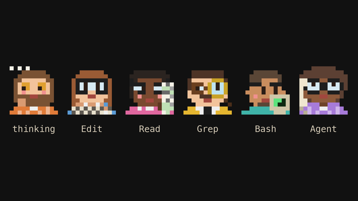morsechimwai's tweet photo. the crew in my notch app used to bob up and down while claude code worked. looked busy, read like nothing was happening. now each holds what its agent is doing. keyboard when it edits, printout when it reads, magnifier for grep, phone for sub-agents

#ClaudeCode #buildinpublic https://t.co/0x6Lpg7Exv