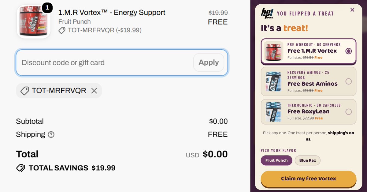 Pricerrors's tweet photo. 🚨 FREE FULL-SIZE BPI SPORTS SUPPLEMENT + FREE SHIPPING!

Get a free full-size BPI Sports Vortex, Best Aminos, or RoxyLean!  

Just click “Skip Game” and claim yours!  

https://t.co/sG8uR9RKdm #ad