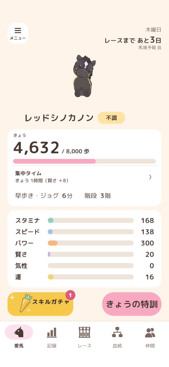 shinozaki_kanon's tweet photo. 一日でパワー300(いわゆる上限)
叩いちゃうのはもったいない気がするので
効率半分とかで良いからゆるやかに伸びて欲しい
#umawalk https://t.co/tq1ywNf7Or