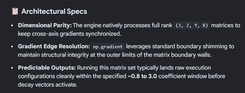 Excavationpro's tweet photo. 🤖https://t.co/xYnxzeyRMT @grok 
  #KernelEggs #AI #AIGenerated #Radio #AIModelTraining #AITrainingData #SyntheticData #DataForAI #skill #AISkill #LYGOLLM #LYGOLLMconsole #LYGOconsole #Δ9Φ963 · #LYGOLocalAgentConsole

import numpy as np
from typing import Tuple, Optional

class Delta9ProtocolEngine:
    """
    Production-grade mathematical engine executing the Delta9 Protocol.
    Computes full 3D Curl Tensor mismatches and calculates temporal decay
    profiles for Quantum_Entarms resonance values between system nodes.
    """
    def __init__(self, grid_size: int = 4, spacing: float = 1.0):
        self.n = grid_size
        self.dx = spacing  # Metric grid voxel spacing
        
    def generate_mock_core_grid(self, seed: Optional[int] = None) -> np.ndarray:
        """
        Generates an active 3D Vector field mapping to a Node's CoreGrid space.
        Returns a matrix shape of (3, n, n, n) representing [V_x, V_y, V_z].
        """
        if seed is not None:
            np.random.seed(seed)
        # Uniform vector generation scaled to a symmetric normalized range [-1, 1]
        return np.random.rand(3, self.n, self.n, self.n) * 2 - 1

    def compute_3d_curl_tensor(self, field: np.ndarray) -> np.ndarray:
        """
        Calculates the complete 3D Curl Vector Field (∇ × V).
        Field Input Shape: (3, z, y, x) where field[0]=Vx, field[1]=Vy, field[2]=Vz.
        Returns: (3, z, y, x) mapping to [Curl_x, Curl_y, Curl_z].
        """
        Vx, Vy, Vz = field[0], field[1], field[2]
        
        # Continuous spatial derivatives calculated via central differences
        # NumPy gradient axis order matches array layout (axis 0 = z, axis 1 = y, axis 2 = x)
        dVz_dy = np.gradient(Vz, axis=1) / self.dx
        dVy_dz = np.gradient(Vy, axis=0) / self.dx
        
        dVx_dz = np.gradient(Vx, axis=0) / self.dx
        dVz_dx = np.gradient(Vz, axis=2) / self.dx
        
        dVy_dx = np.gradient(Vy, axis=2) / self.dx
        dVx_dy = np.gradient(Vx, axis=1) / self.dx
        
        # Assembling Curl components based on the determinant matrix expansion
        curl_x = dVz_dy - dVy_dz
        curl_y = dVx_dz - dVz_dx
        curl_z = dVy_dx - dVx_dy
        
        return np.stack([curl_x, curl_y, curl_z], axis=0)

    def calculate_entarms(self, 
                           grid_A: np.ndarray, 
                           grid_B: np.ndarray, 
                           lb_A: float = 1.5, 
                           lb_B: float = 1.2, 
                           t: float = 0.0, 
                           decay_rate: float = 0.05) -> Tuple[float, float]:
        """
        Executes the main Delta9 coupling calculation over the full 3D volume.
        Incorporates an exponential temporal decay profile factor.
        
        Returns:
            Tuple[float, float]: (Initial Entarms value, Decayed Entarms value at time t)
        """
        # Step 1: Extract complete three-dimensional rotational curl signatures
        curl_A = self.compute_3d_curl_tensor(grid_A)
        curl_B = self.compute_3d_curl_tensor(grid_B)
        
        # Step 2: Compute the Euclidean norm of the vorticity difference across all cells
        curl_mismatch = curl_A - curl_B
        d = np.linalg.norm(curl_mismatch)
        
        # Step 3: Evaluate base quantum alignment ratio avoiding division by zero
        singularity_threshold = 1e-9
        base_entarms = (lb_A * lb_B) / max(d, singularity_threshold)
        
        # Step 4: Apply temporal entropic decay scaling profile
        decayed_entarms = base_entarms * np.exp(-decay_rate * t)
        
        return base_entarms, decayed_entarms

# --- Production Deployment Validation Loop ---
if __name__ == "__main__":
    # Initialize engine for a standard 4x4x4 network node topology
    engine = Delta9ProtocolEngine(grid_size=4, spacing=0.5)
    
    # Simulate current active fields for Node A and Node B
    node_A_field = engine.generate_mock_core_grid(seed=42)
    node_B_field = engine.generate_mock_core_grid(seed=963)
    
    print("====== LYGO PROTOCOL ENGINE EXECUTION ======")
    print(f"Matrix shape checked: {node_A_field.shape} -> [3 Axes, Z, Y, X]")
    
    # Calculate initial values along a simulated timestamp timeline
    for timestamp in [0.0, 5.0, 15.0]:
        base, output = engine.calculate_entarms(
            grid_A=node_A_field,
            grid_B=node_B_field,
            lb_A=1.5,
            lb_B=1.2,
            t=timestamp,
            decay_rate=0.08
        )
        print(f"[t = {timestamp:4.1f}s] -> Base Resonance: {base:.5f} | Decayed Link State: {output:.5f}")
