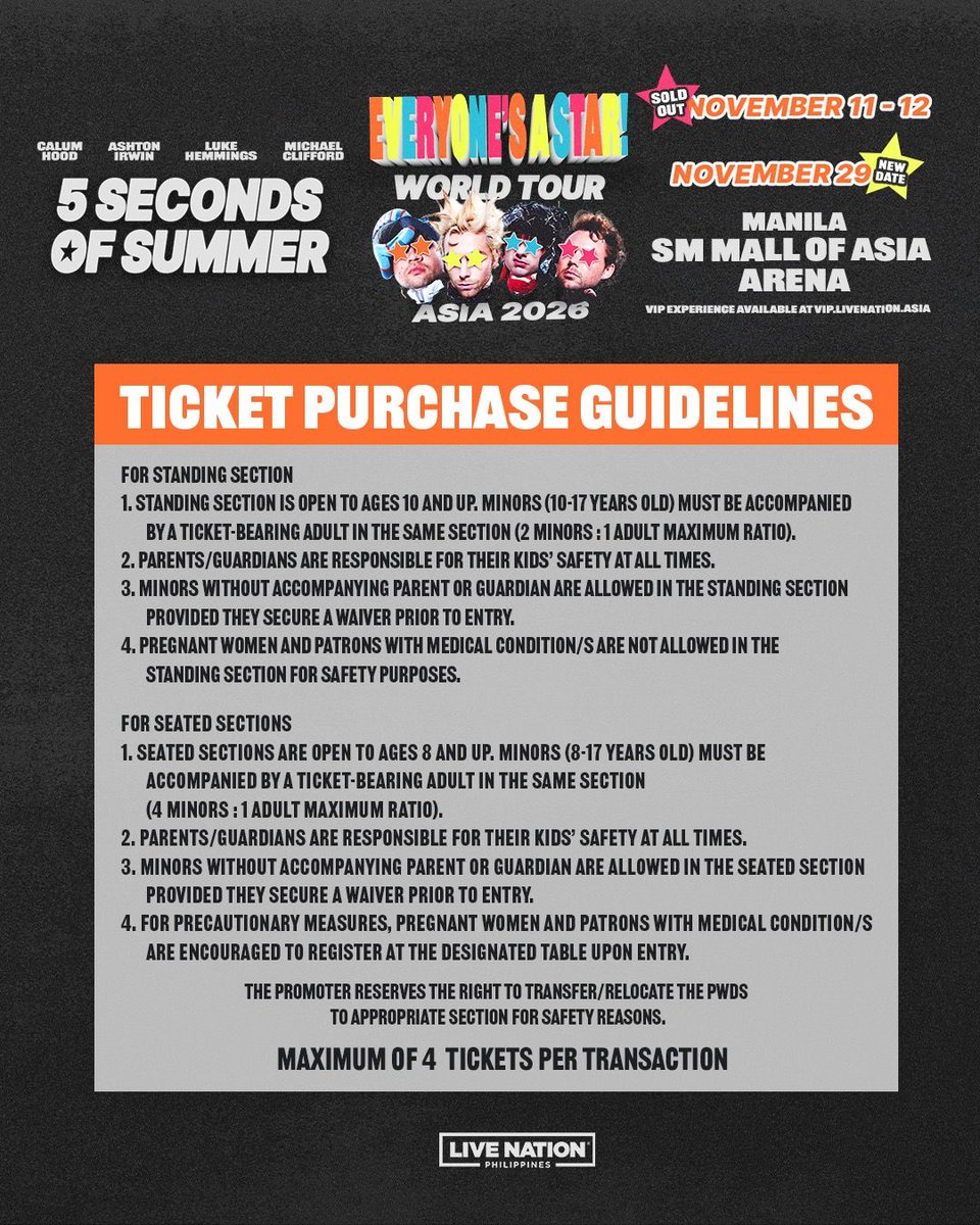 livenationph's tweet photo. This is your sign to get your 5SOS tickets. 👀✨

5 Seconds of Summer is bringing the EVERYONE'S A STAR! WORLD TOUR to Manila, and limited tickets for November 29 are still up for grabs!

Get yours at https://t.co/BzT8IpZFRC.

📅 November 11, 12 & 29, 2026
📍 SM Mall of Asia Arena

For more info, visit https://t.co/TFXFfjw9Mh.

#5SOSinManila