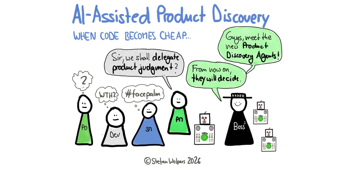 Scrumdotorg's tweet photo. Your coding agent can build all five ideas by Friday. Your customers can’t absorb all five. When code is cheap, judgment is the job. https://t.co/5RAidAVRkM From @StefanW PST
#ProductDiscovery #AI #ProductManagement https://t.co/Q5JZXBiKF1