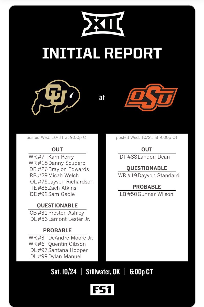ScottProcter_'s tweet photo. 🚨 Initial Colorado vs. Oklahoma State player availability report:

RB Micah Welch (hand) and six other Buffs have already been ruled out. https://t.co/R6UTL1J6Ti