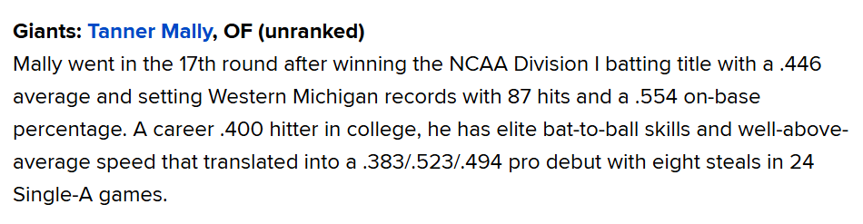 BaseballJeff1's tweet photo. Not surprisingly, Tanner Mally gets the nod here, as he quickly proved to be above the competition level of Low-A. https://t.co/3em9NeOzI2