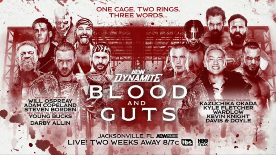 WrestlePurists's tweet photo. 🚨 MEN’S BLOOD AND GUTS TEAMS

Will Ospreay, Adam Copeland, Young Bucks, Steven Borden &amp; Darby Allin

Kazuchika Okada, Kyle Fletcher, Kevin Knight, Wardlow, Mark Davis &amp; Jake Doyle

#AEWDynamite https://t.co/XhZWEWsPGr