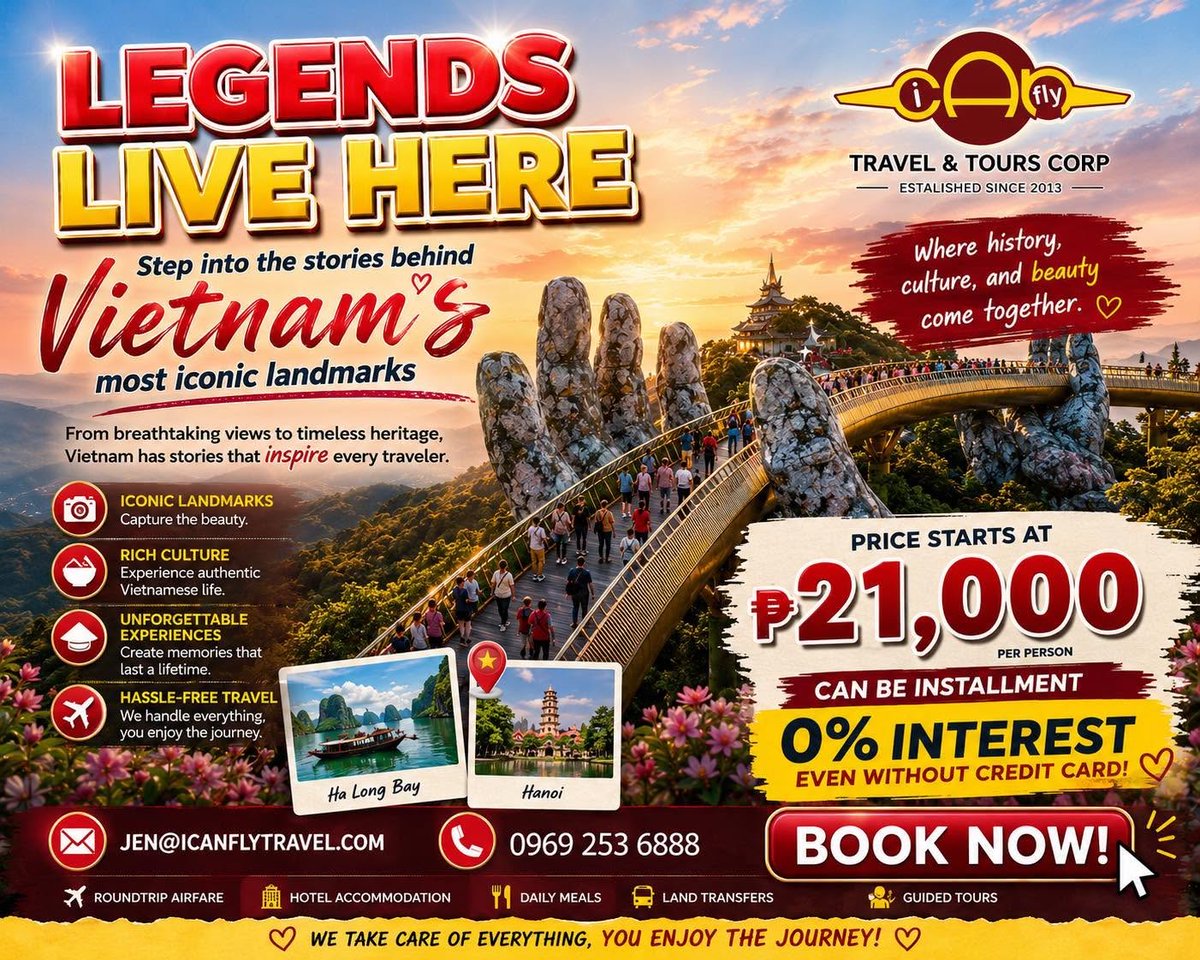 anavitorialuz's tweet photo. Experience Vietnam’s beauty, culture, and history—from Ha Long Bay’s breathtaking views to Hanoi’s vibrant streets. Packages include roundtrip airfare, hotels, daily meals, transfers, and guided tours. Message us for schedules and booking options. https://t.co/8H1jf67Yum