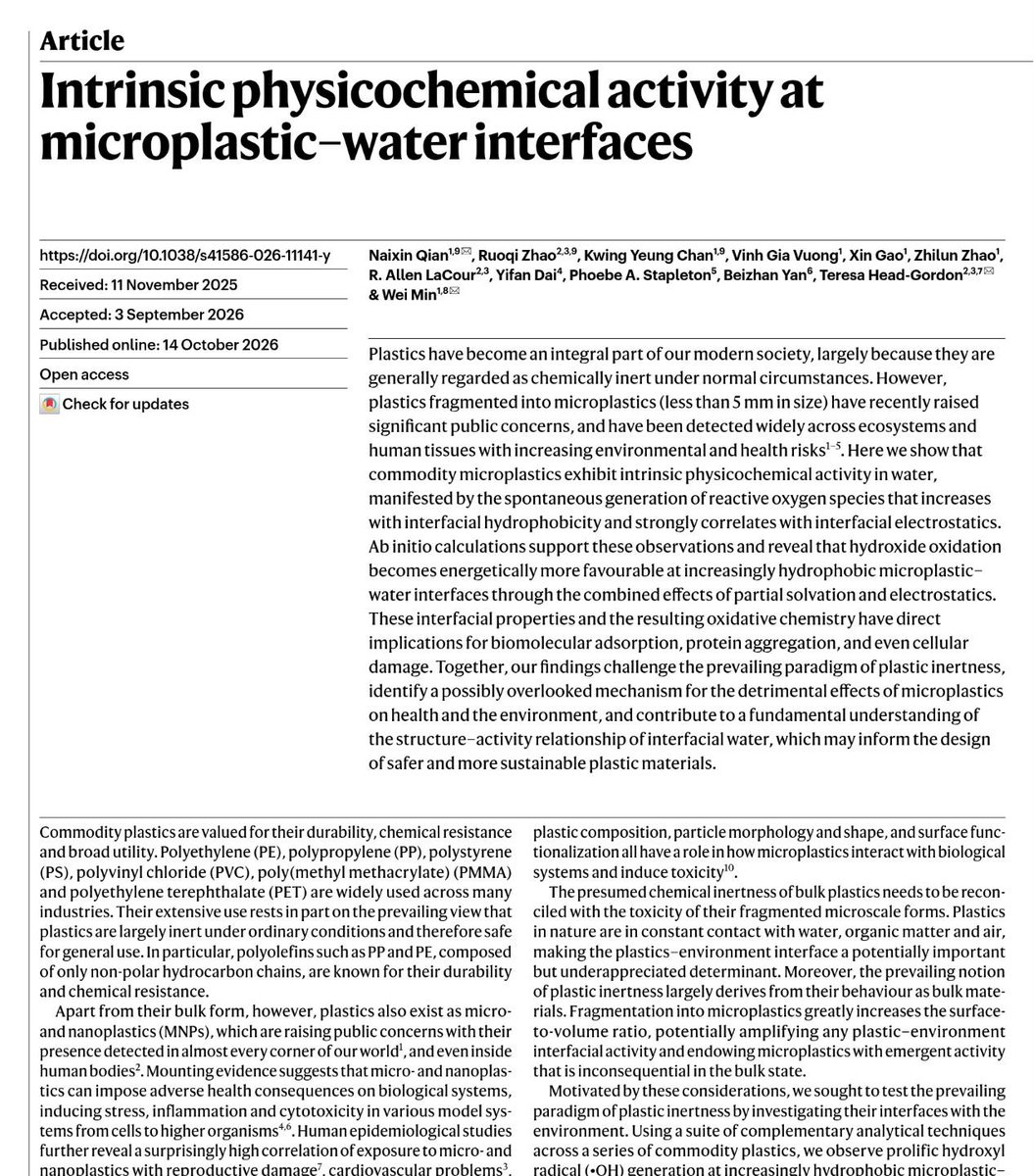 kyronis_talks's tweet photo. For 70 years, we were told plastic was safe because it doesn't react with anything.

Nature just published proof that it does. And the trigger is water.

Researchers at Columbia University and UC Berkeley took six of the most common plastics on Earth.

Polyethylene. Polypropylene. Polystyrene. PVC. PET. Acrylic.

The stuff in your water bottles, food containers, pipes and packaging.

They ground them into microplastics and dropped them into plain water.

Nothing else. No sunlight. No chemicals. Just plastic and water.

And the water started changing.

At the surface of every single plastic, it began producing hydroxyl radicals. One of the most reactive and destructive molecules in chemistry.

All six plastics did it. Every one.

To prove it, they added a yellow dye to water with polystyrene. Over 10 days, nearly 90% of the dye was destroyed. The water turned almost clear.

In other liquids, the dye survived. Only water made the plastic active.

In plain English:

The plastic isn't leaking a toxic chemical.

It is turning the water around it into something that attacks.

Then they tested what that does to living things.

DNA and proteins got pulled onto the plastic surface like magnets.

Proteins started clumping together.

And red blood cells that touched the particles were torn into broken fragments.

But here is the twist.

The most dangerous plastics were the ones we trusted most.

Polyethylene and polypropylene, the "safe" plastics in bottles and food containers, were the most reactive of all.

The effect was weaker in blood serum. But it was still there.

And microplastics have already been found in human blood, brains, placentas and arteries.

The lead researcher said it plainly: "Water is a key active player here, rather than just a spectator."

We spent decades asking what chemicals leak out of plastic.

Nobody thought to ask what plastic does to the water inside us.

How many times have you sipped from a plastic bottle today?