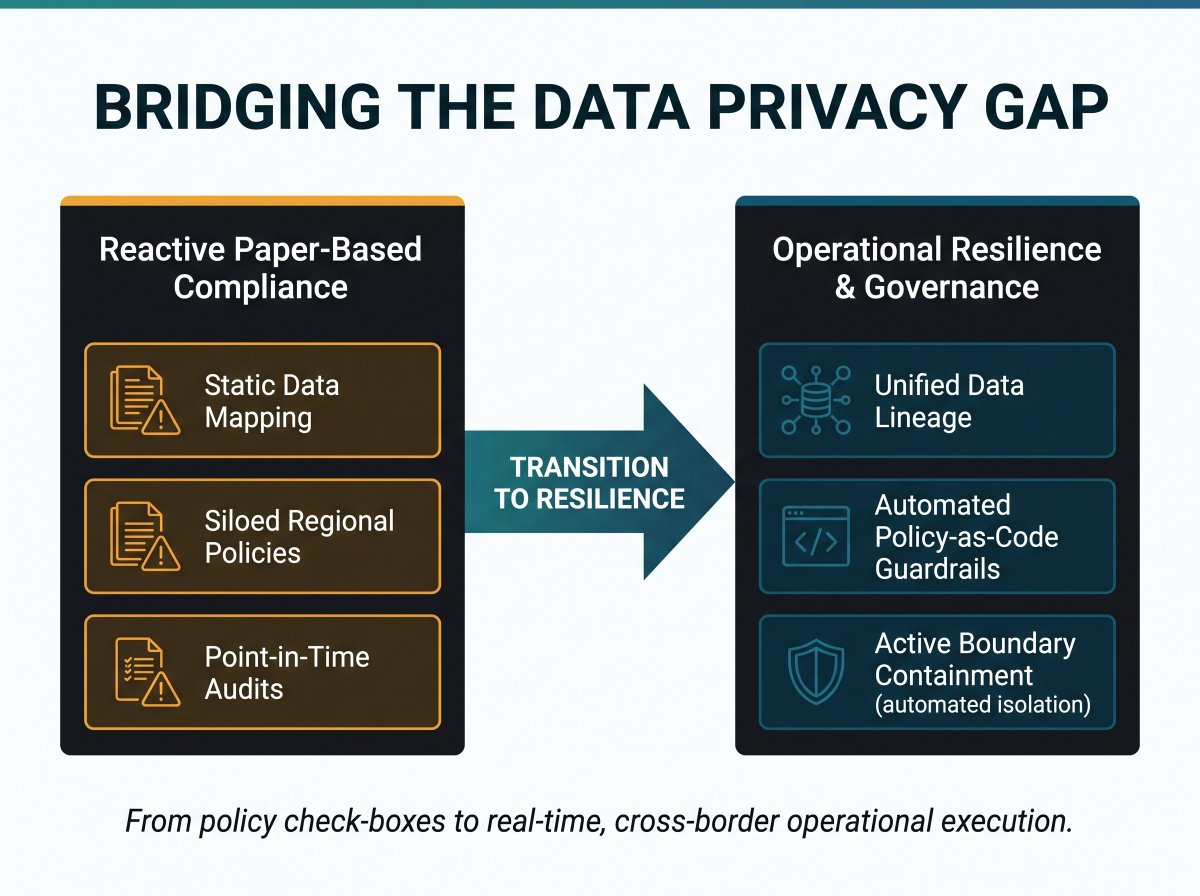 TacticalCISO's tweet photo. With India's DPDPA enforcement and global frameworks like the FCA’s GC26/7, privacy is now a test of operational resilience, not just paperwork. If your compliance rules don’t live inside your API and pipeline code, you aren’t compliant. https://t.co/vF3pAYCQmS