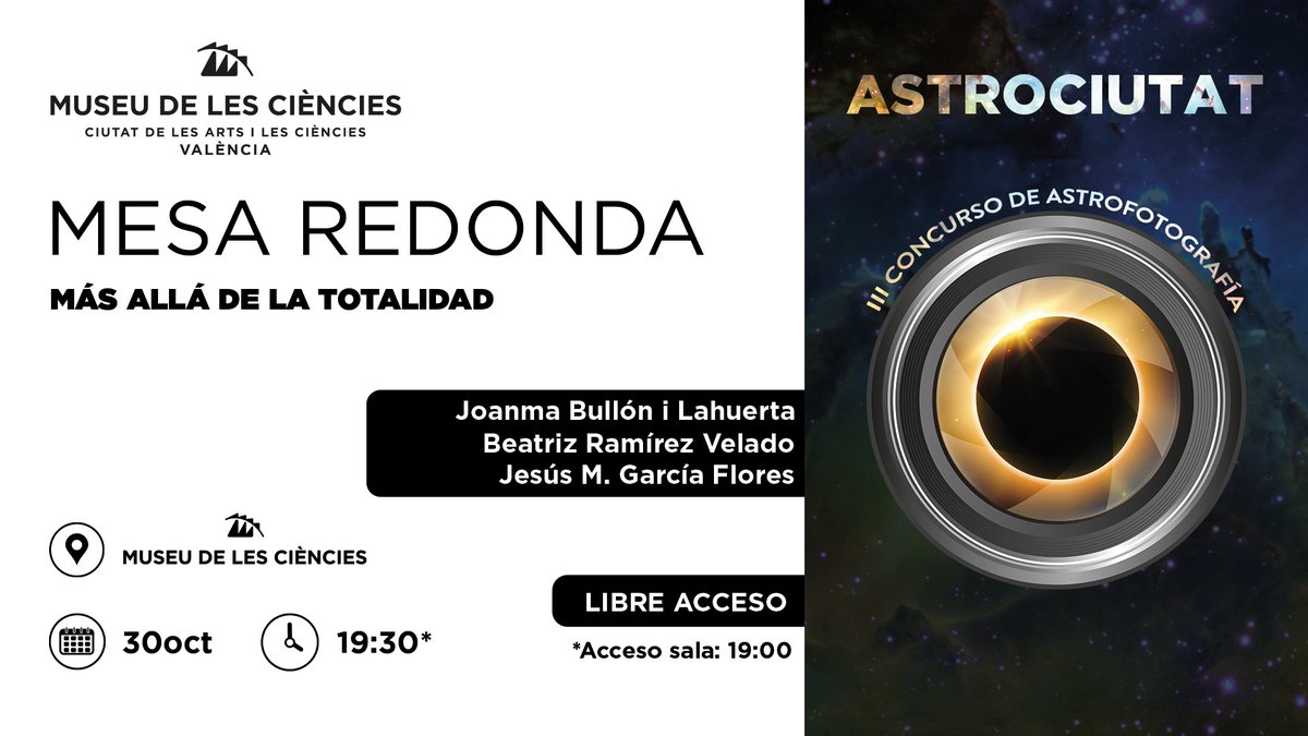 CACiencies's tweet photo. ❤️Si te gusta la astrofotografía y te fascinan los eclipses, estás de suerte

🗣️Te esperamos el 30 de octubre en la mesa redonda "Más allá de la totalidad"

🏆🔭Entregaremos los premios del concurso #AstroCiutat y tendremos una observación astronómica

ℹ️https://t.co/k90Hk5hQ0J https://t.co/YBWAoVtOMp