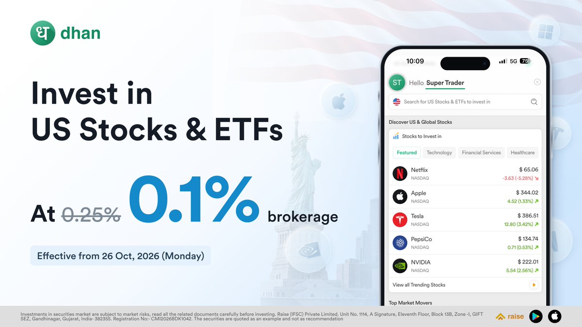 DhanHQ's tweet photo. Introducing Lower Brokerage on US Stocks &amp; ETFs on Dhan.

From 26th October 2026, brokerage drops from 0.25% to 0.10% per transaction, and pay-in charges are now completely free.

What's changing? 👇 https://t.co/JTWJUICv6W