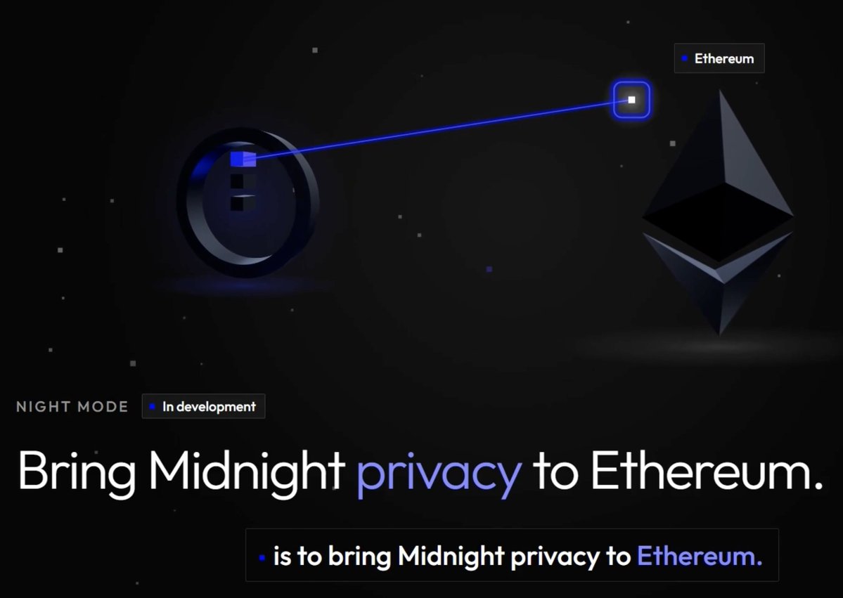 AltCryptoGems's tweet photo. Imagine if Ethereum, Solana, and your favourite chains could offer complete onchain privacy without compromising transparency or compliance… 👀

That’s the vision behind Nightmode, @MidnightNtwrk’s new and exciting cross-chain privacy solution.

Using ZK tech, Nightmode will unlock private trading, confidential lending and borrowing, shielded staking, institutional payments, and so much more across Web3’s leading chains and dApps.

Without a doubt, Ethereum and Solana have the infrastructure, but Midnight has the privacy layer they’ve been missing to advance to the next level.

midnight-3:native is the final piece of the puzzle. 🔥