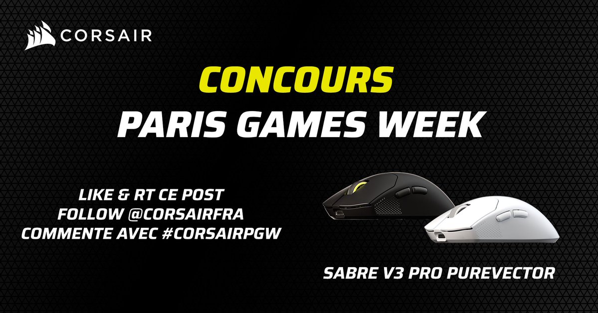 CORSAIRFRA's tweet photo. [CONCOURS] 🥳

Tente de gagner notre TOUTE NOUVELLE souris SABRE v3 PRO PureVector Ultralight et être dans les premiers à tester sa technologie qui améliore ta précision comme jamais auparavant !

Pour participer ⤵
Like &amp; RT ce post
Follow @CORSAIRFRA
Commente avec #PureVector https://t.co/5LgUp5rPrB
