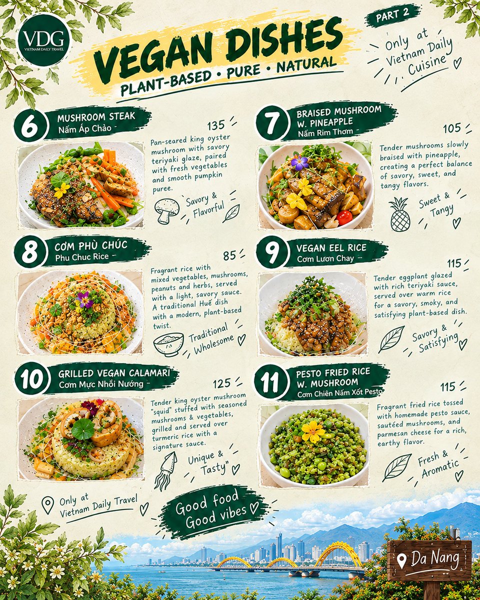 marbalastegui's tweet photo. Vegan Vietnamese cuisine shines in every bite: Phu Chuc rice, mushroom steak, vegan eel rice, and grilled vegan calamari. Which dish would you try first? https://t.co/YbyKMJceK9
