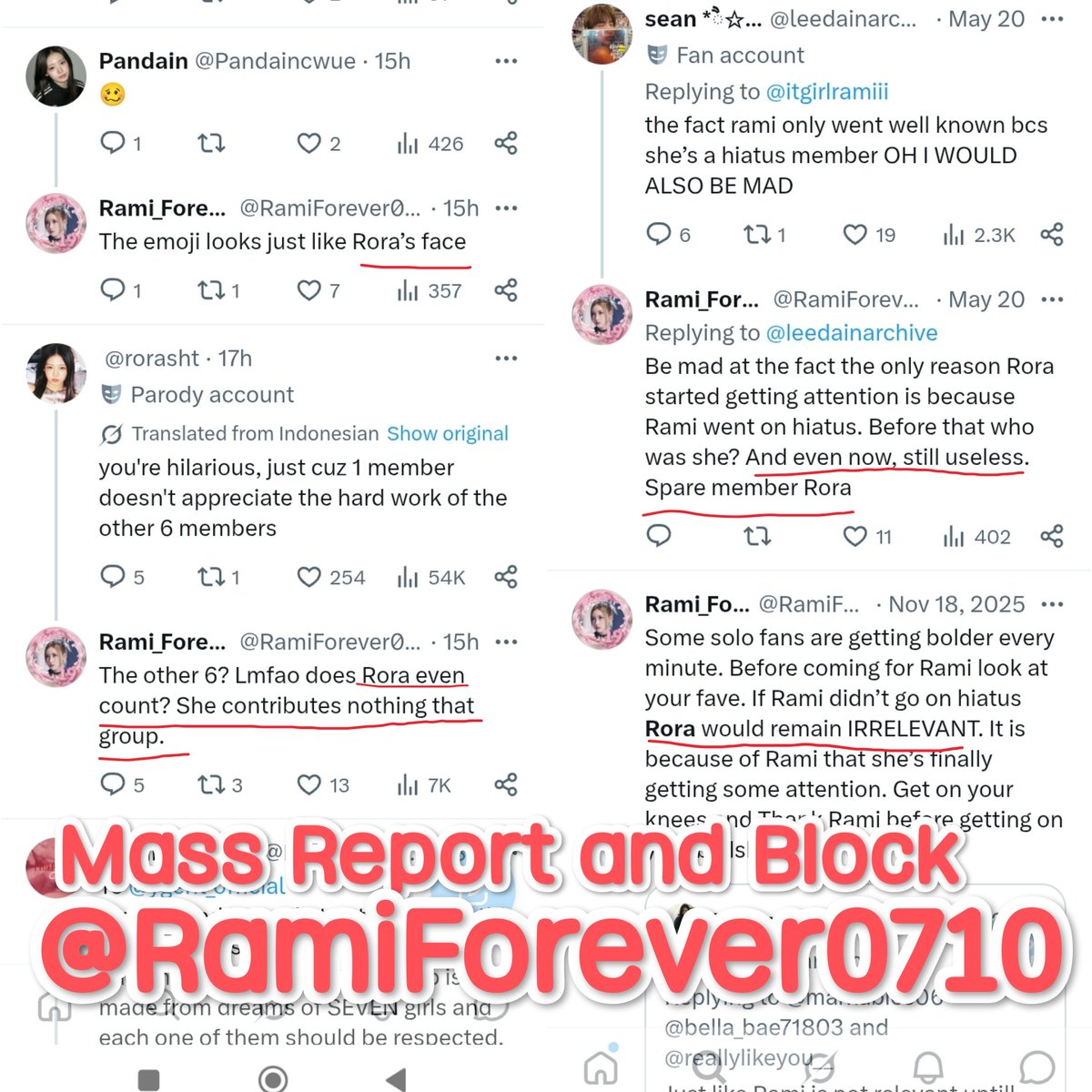 roraprotect's tweet photo. 🚨🚨 ATTENTION 🚨🚨

@RamiForever0710 , is repeatedly spreading hate towards #RORA &amp; #BABYMONSTER , they're not even a monstiez, 
So kindly mass report and block them 🙏🏻.. 

Do not engage with them in their stupid delusions, just report and tell your friends to do the same https://t.co/dq2gl7vy8E