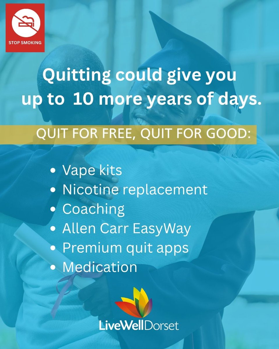 LWDorset's tweet photo. It's NEVER too late to quit.
Thinking you've smoked for too long to stop now?
Quitting at any age can add years back to your life.
Quit this Stoptober and be around for more days: https://t.co/89BRYShL5Y
#Stoptober #QuitForGood #LiveWellDorset https://t.co/Kkcb5UwYVW