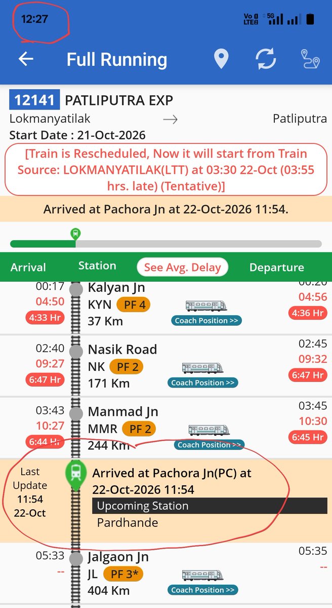 Raheel_K_Shaikh's tweet photo. @drmmumbaicr @RailwaySeva @AshwiniVaishnaw @BhusavalDivn Hi-tech divn of IR i.e. @BhusavalDivn is now further screwing up the schedule of SF train 12141. Looped at Pachora since past 40mins &amp; other trains are proceeding ahead. Delay has increased to 7.5hrs &amp; counting. This shows how inefficient they're in handling the rescheduled train https://t.co/p2Cpb4KJ15