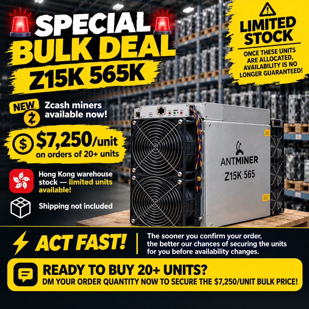 CryptoALH's tweet photo. 🚨 Jump on this great deal on orders starting from 20+ units! 🚨

🆕 $ZEC Z15K 565K miners in stock and ready to ship from 🇭🇰 Hong Kong!

🤔💭 In my opinion, these make more sense right now than buying used or new ZEC 840K miners, or waiting for future batches to arrive.

⛏️ Ready to add hashrate? DM me now to secure your units! 🇨🇳🤝