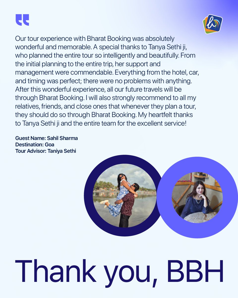 lennyYepes's tweet photo. A memorable Goa journey, made seamless through thoughtful planning and dedicated support. Thank you, Mr. Sahil Sharma, for trusting Bharat Booking Holidays and sharing your valuable feedback. Your journey, our responsibility. https://t.co/yo6fU3gGu2