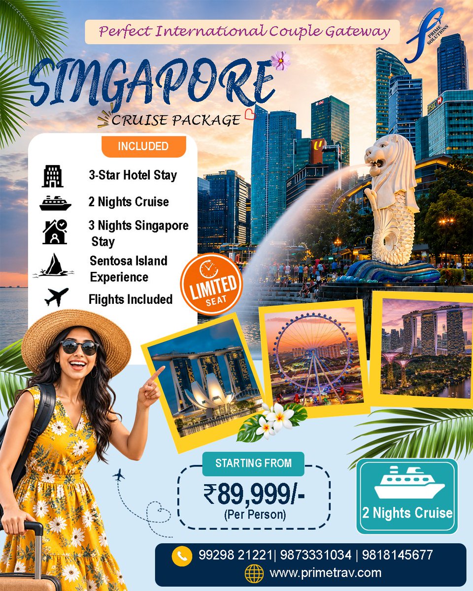 erikabehappy's tweet photo. Singapore + Cruise getaway: 3 nights in Singapore and 2 nights on a cruise from ₹89, 999 per couple. Flights included. Limited seats. Book now with Prime Solutions. https://t.co/6VO9ocHGwy