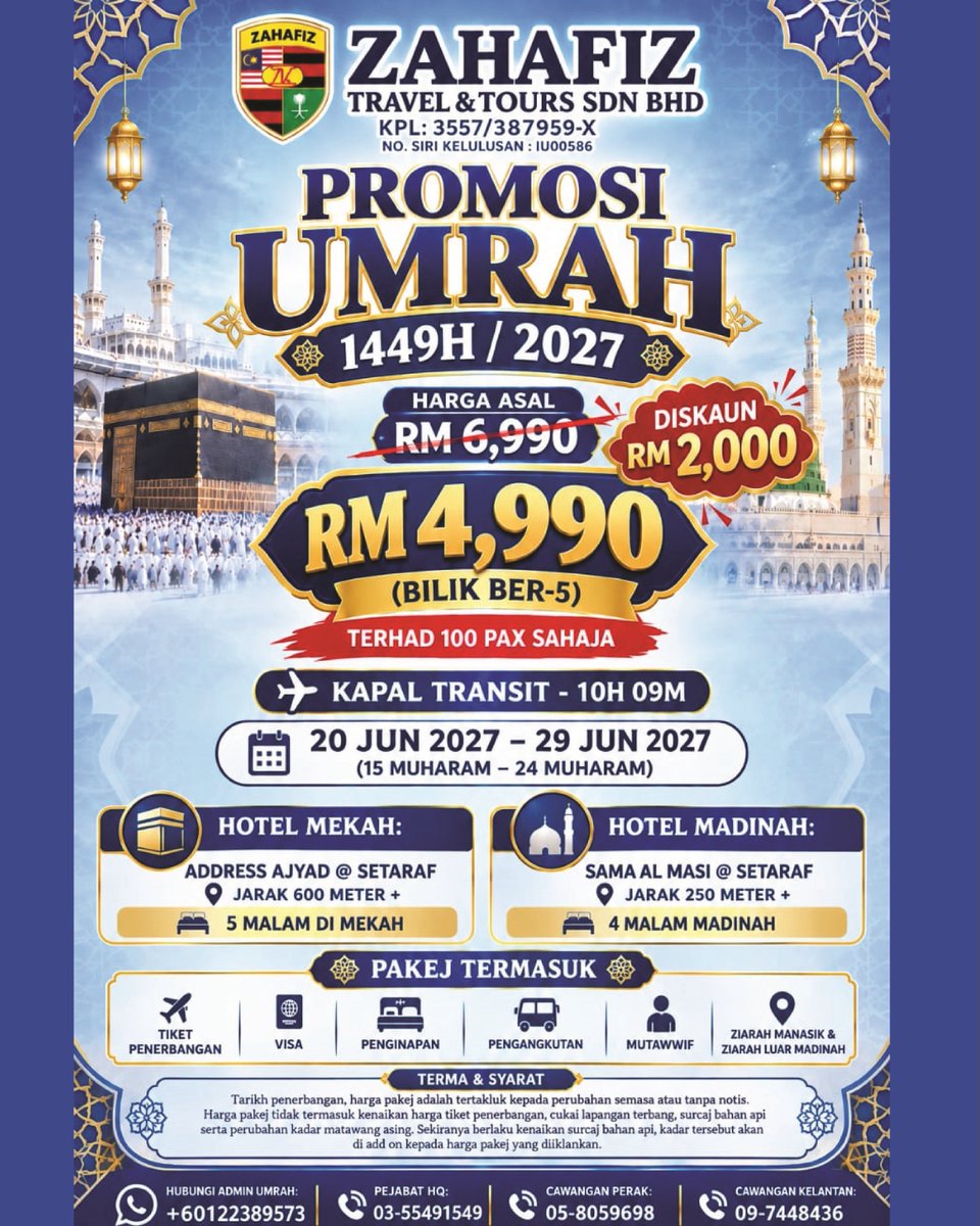 rrombaulisses's tweet photo. Pendaftaran Umrah Selepas Musim Haji 1448H/2027M kini dibuka bersama Zahafiz Travel &amp; Tours. Nikmati ibadah di Tanah Suci pada bulan Muharam. Pendaftaran dan bayaran penuh sebelum 30 Oktober 2026. Tempat terhad. https://t.co/g0KVmkl4CK
