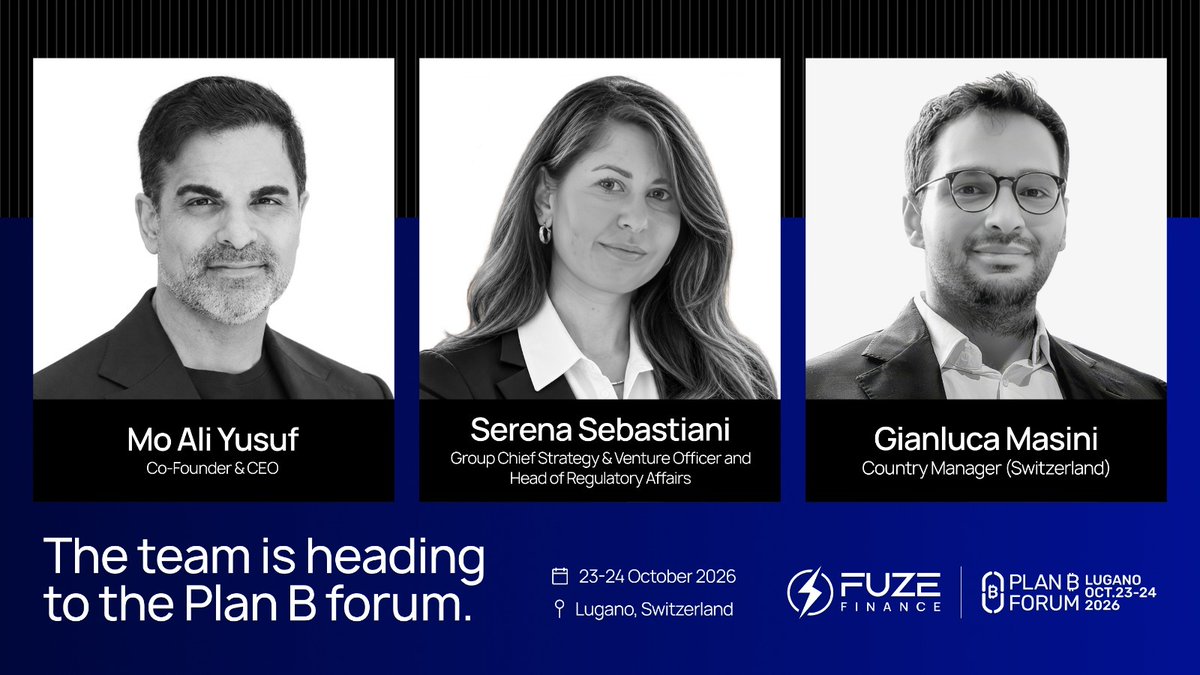 fuzefinance's tweet photo. Team Fuze is heading to Lugano 🇨🇭

Mo Ali Yusuf, Serena Sebastiani and Gianluca Masini will be at Plan B Forum on 23–24 Oct.

Plenty on the agenda around digital assets and the economic ideas shaping where the market goes next.

See you in Lugano. https://t.co/dfPzexlomt