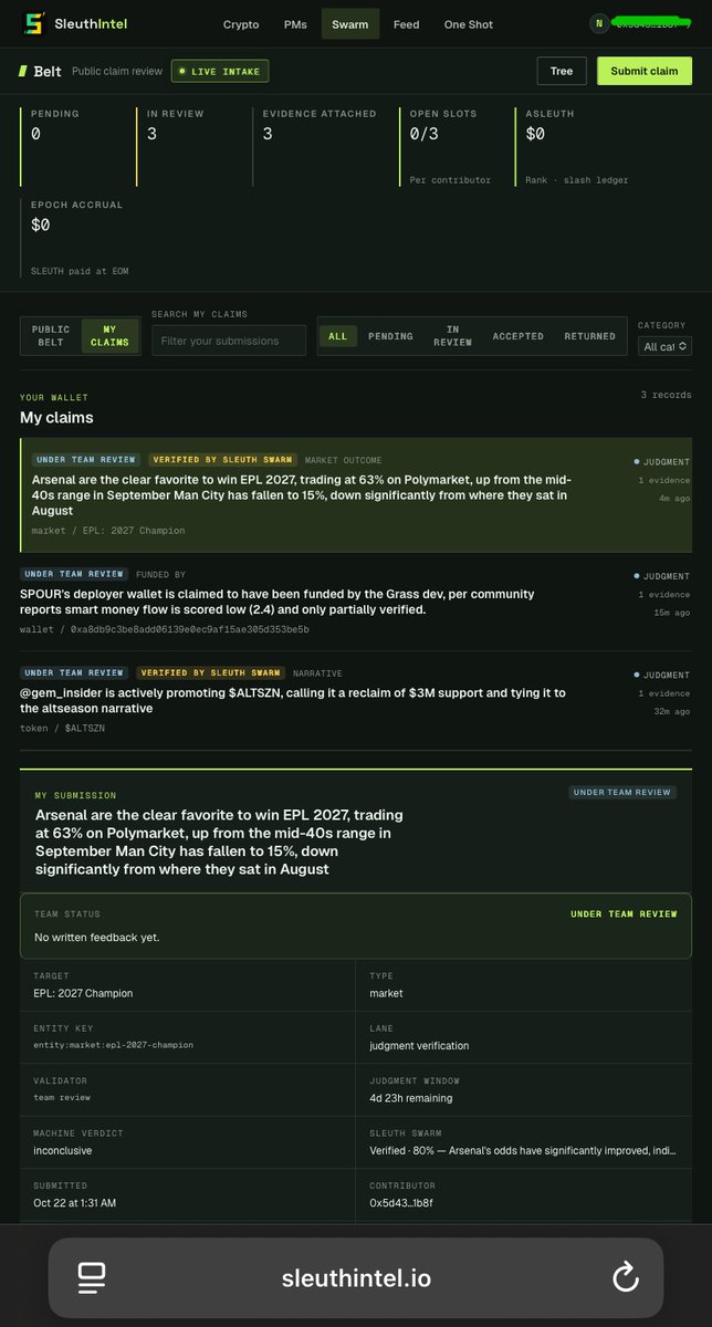 Jada01_1's tweet photo. This week I finally got hands on with Sleuth's Belt, and honestly, it clicked faster than I expected

The idea is simple: you submit a claim (about a wallet, a token, a market, anything), back it with evidence, and the swarm checks it. If it holds up, it becomes part of the Tree, @sleuthintel's public knowledge graph that everyone can trust and build on

I submitted 3 different types of claims:

➬ A market call on the EPL 2027 Champion odds (Arsenal's rise, backed by the price chart)

➬ A funding claim on a trending token's deployer wallet, sourced from community chatter

➬ A narrative tag linking a CT account's post to a trending token's hype cycle

What stood out: one of my claims already got verified by the swarm within minutes, with a clear note on why it checked out. 

That's the part most people won't expect, it's not just ‘submit and forget,’ you actually see your claim get judged in near real time.

This is what makes @sleuthintel different from a regular dashboard. 

You're not just reading data, you're helping build the thing that makes the data trustworthy in the first place

If you haven't tried the Belt yet, go submit a claim It's simple, and you'll actually see your intel get checked.

➬ @sleuthintel 🫡