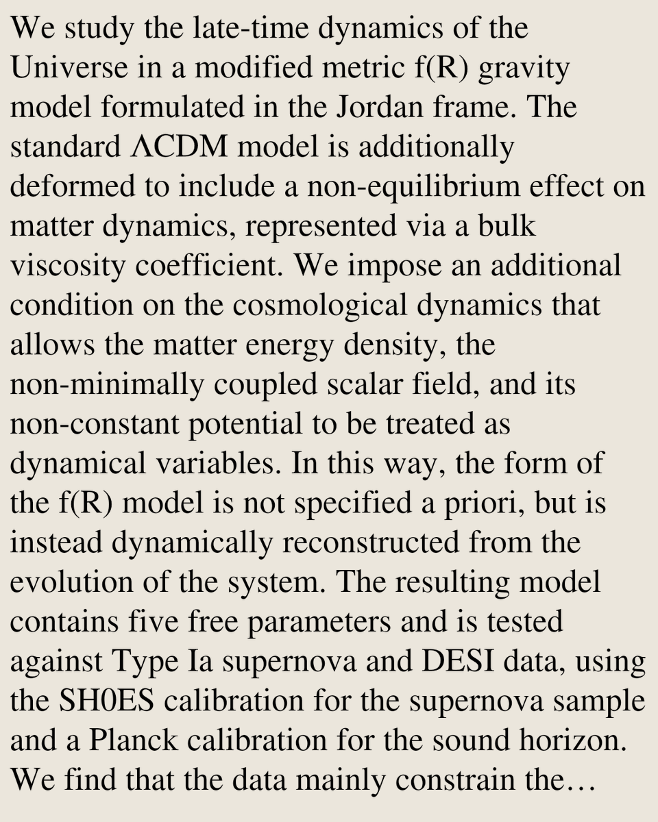 PhysicsPaper's tweet photo. Viscous matter in modified f(R)-gravity: Hubble tension attenuation with DESI and SH0ES data

Elisa Fazzari, Nakia Carlevaro, Giovanni Montani
https://t.co/RuG9pGqIXX [𝚙𝚑𝚢𝚜𝚒𝚌𝚜.𝚐𝚎𝚗-𝚙𝚑] https://t.co/0GVDnEViPr