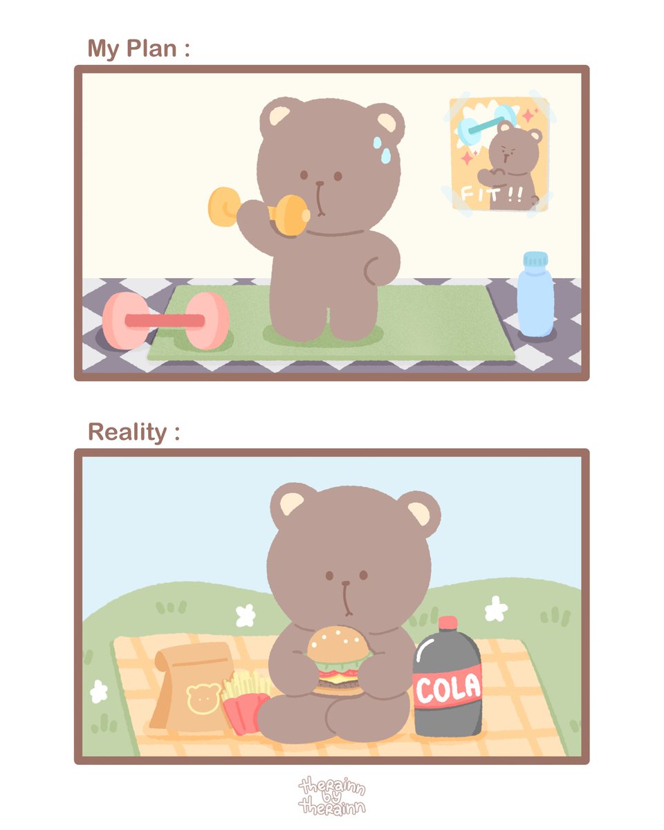 therainnnnn's tweet photo. สิ่งที่คิด vs สิ่งที่ทำ 💪🏻🥲

#ชุมชนนักวาด #art #Illustration #smallartistsupport https://t.co/D0LIOwl0h9