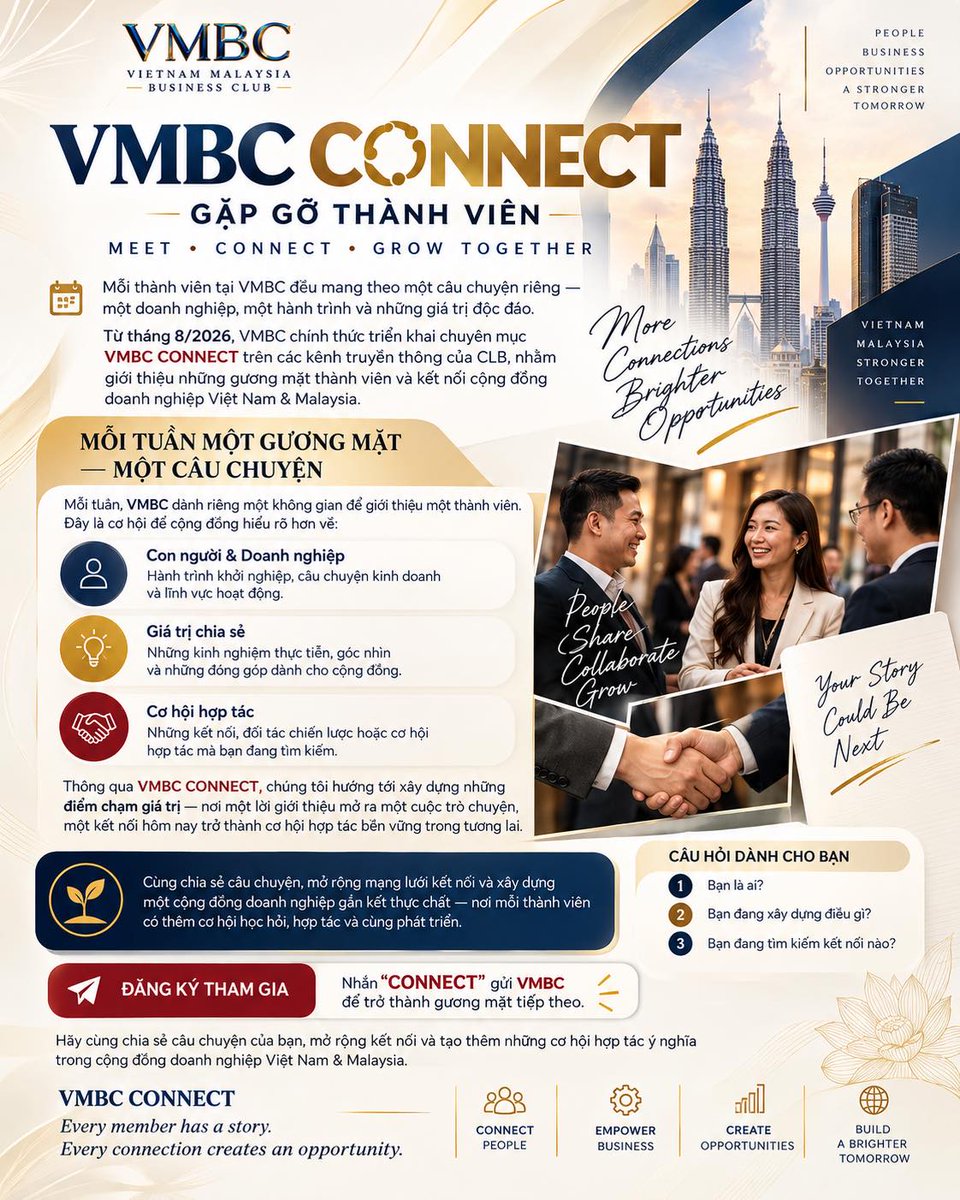 Queziaalves2's tweet photo. VMBC CONNECT chính thức ra mắt từ tháng 8/2026: mỗi tuần một thành viên, một câu chuyện. Chia sẻ hành trình, giá trị và cơ hội hợp tác để kết nối cộng đồng doanh nghiệp Việt Nam - Malaysia. Nhắn “CONNECT” để tham gia. https://t.co/svPdbSELb0