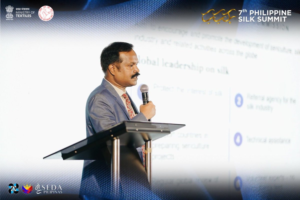 csbmot's tweet photo. Strengthening Global Silk Connections 🌏🧵

The Central Silk Board, Ministry of Textiles, Government of India, is proud to be associated with the 7th Philippine Silk Summit 2026, held from 21–22 October in the Philippines.

Shri P. Sivakumar, IFS, Member Secretary, Central Silk Board, delivered a presentation highlighting Indian silk and its contributions to “Shaping the Future of the Global Silk Industry.”

The event also featured an exhibition of exquisite Indian silk products, showcasing India's rich silk heritage, diverse traditions and exceptional craftsmanship.

The summit provided a platform for knowledge exchange, innovation and stronger international collaboration in the silk sector.

#CentralSilkBoard #IndianSilk #PhilippineSilkSummit2026 #GlobalSilkIndustry #SilkHeritage

@TexMinIndia  @girirajsinghbjp @PmargheritaBJP @IfsSivakumar