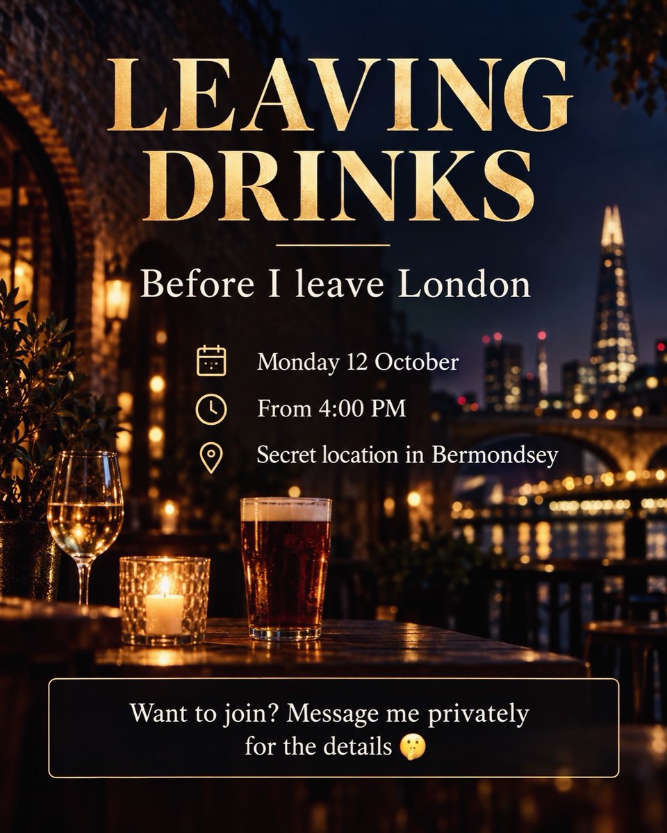 taissaracol's tweet photo. Before I leave London, I’d love one last drink with familiar faces. Send me a private message if you’d like to join us. https://t.co/SgfkDfTMTP