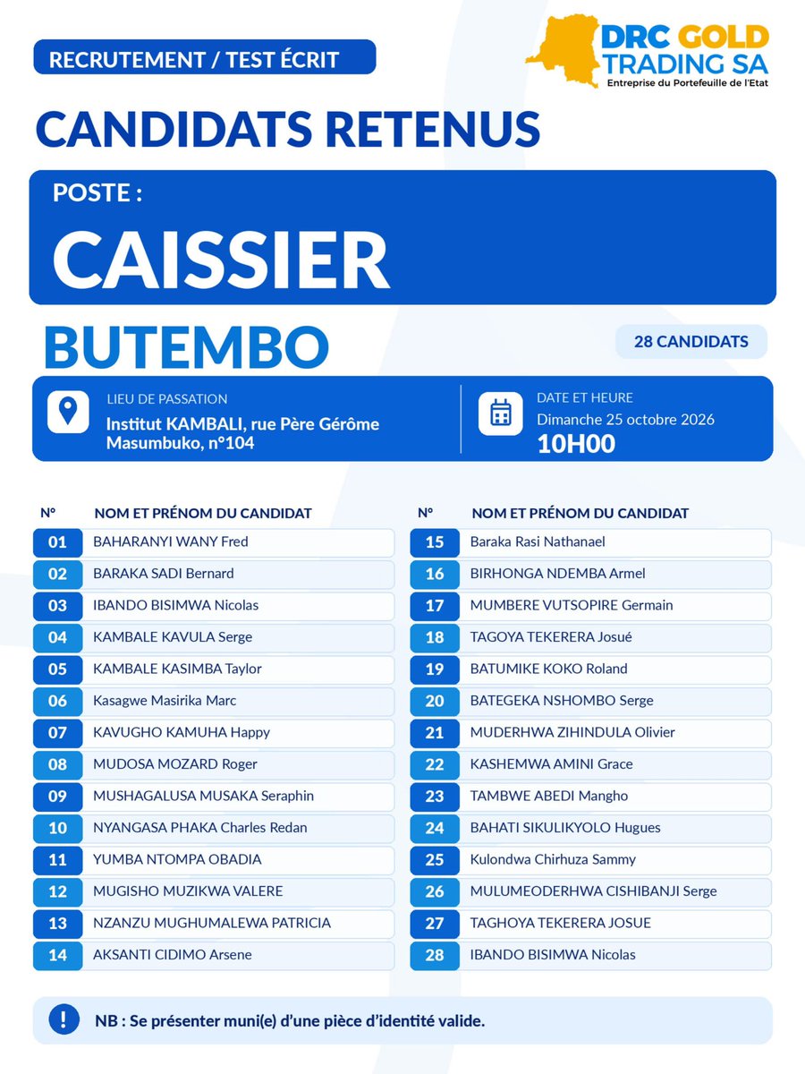 DrcGoldTrading's tweet photo. #RDC Voici la liste des candidats retenus pour le test écrit au poste de #CAISSIER dans les villes de Kolwezi, Kananga, Luiza et Butembo. Les dates, horaires et lieux de passation sont précisés pour chaque ville👇👇👇
Plus de détails sur notre site https://t.co/O99oEkNpDu https://t.co/rOuNxs7EPY