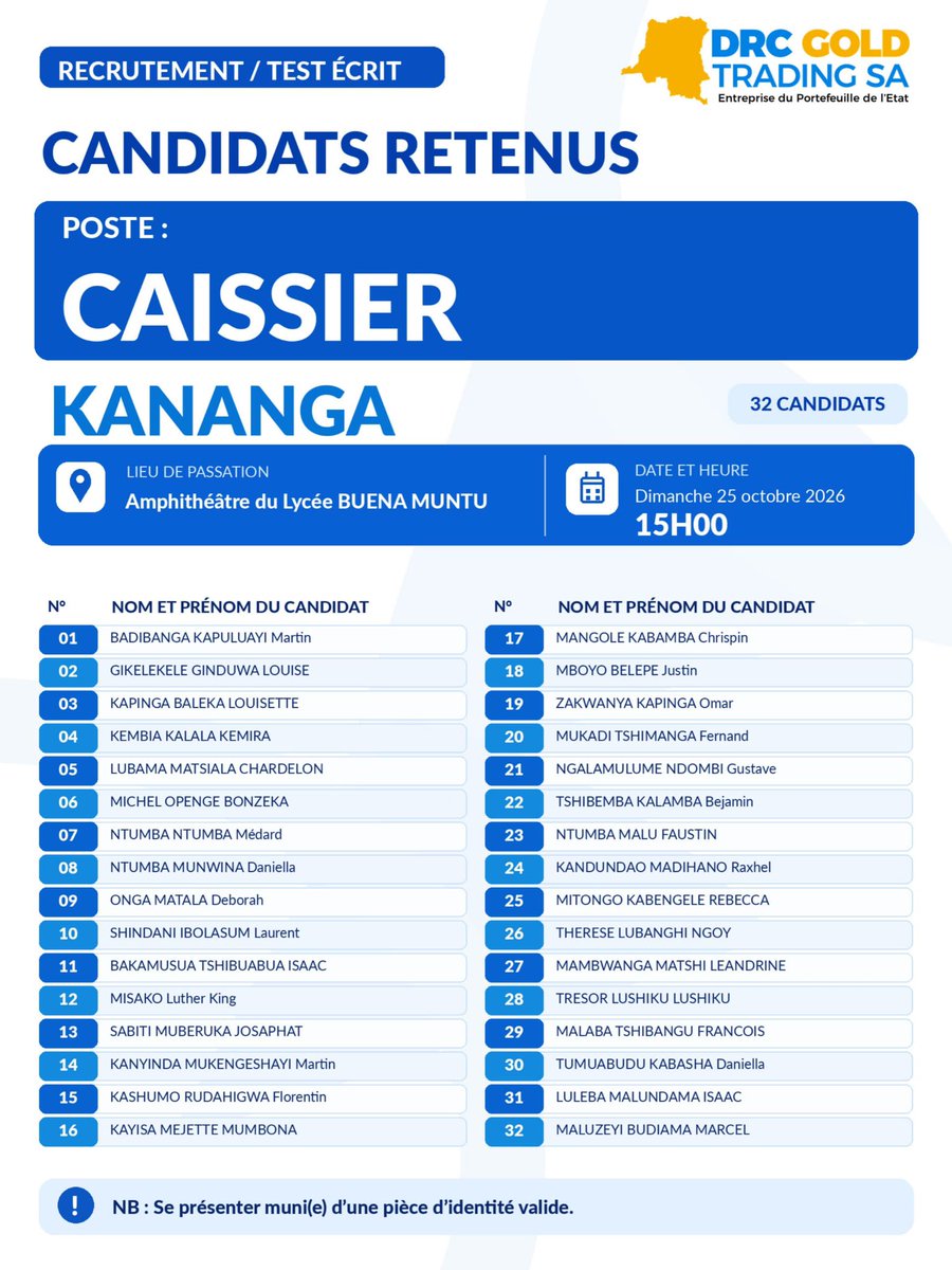 DrcGoldTrading's tweet photo. #RDC Voici la liste des candidats retenus pour le test écrit au poste de #CAISSIER dans les villes de Kolwezi, Kananga, Luiza et Butembo. Les dates, horaires et lieux de passation sont précisés pour chaque ville👇👇👇
Plus de détails sur notre site https://t.co/O99oEkNpDu https://t.co/rOuNxs7EPY