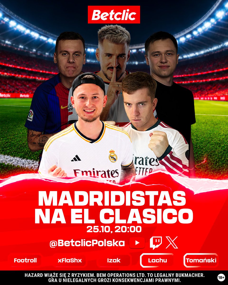 BetclicPolska's tweet photo. 👑 @LachuSNK i Karol Tomański będą bronić honoru Królewskich podczas #elclasico.

Niedziela, 20, 📺 BetclicPolska. Do zobaczenia 👋 https://t.co/vICo17cwmF